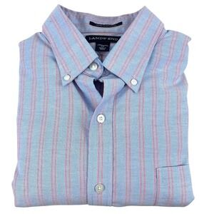 Lands End Men's Shirt 16.5-34 Blue Striped Traditional Fit No Iron Oxford